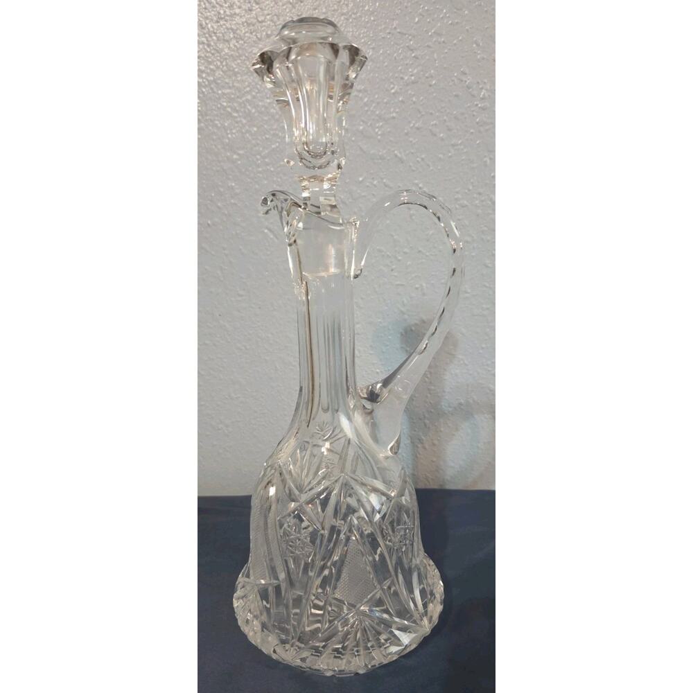 Tall 14” Ornate Crystal Glass Decanter With Handle and Stopper, Elegant - Picture 9 of 9